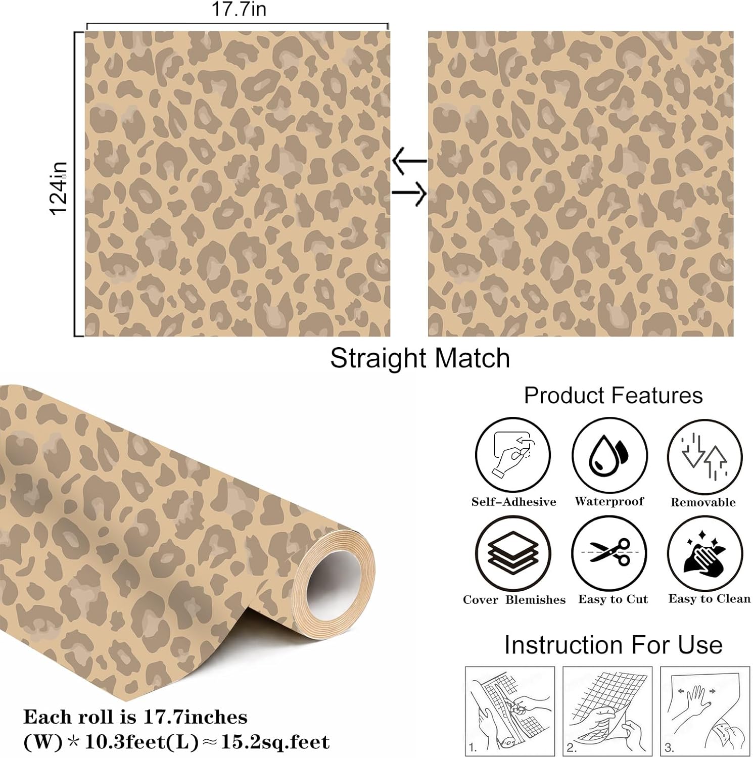 Peel and Stick Wallpaper, Extra Thick Self Adhesive Removable Wallpaper, Leopard Print Animal Pattern, Beige Neutral for Bedroom Living Room 17.7in x 124in
