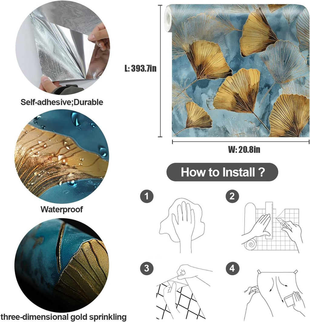 3D Embossed Ginkgo Leaf Peel and Stick Wallpaper 20.8in x 393.7in Thick Vinyl Self Adhesive Contact Paper Removable Textured Wallpaper for Bedroom Accent Wall Cabinet Vanity (Blue-Gold Shimmer)