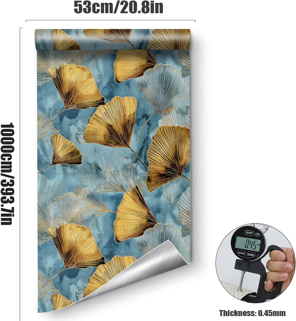 3D Embossed Ginkgo Leaf Peel and Stick Wallpaper 20.8in x 393.7in Thick Vinyl Self Adhesive Contact Paper Removable Textured Wallpaper for Bedroom Accent Wall Cabinet Vanity (Blue-Gold Shimmer)