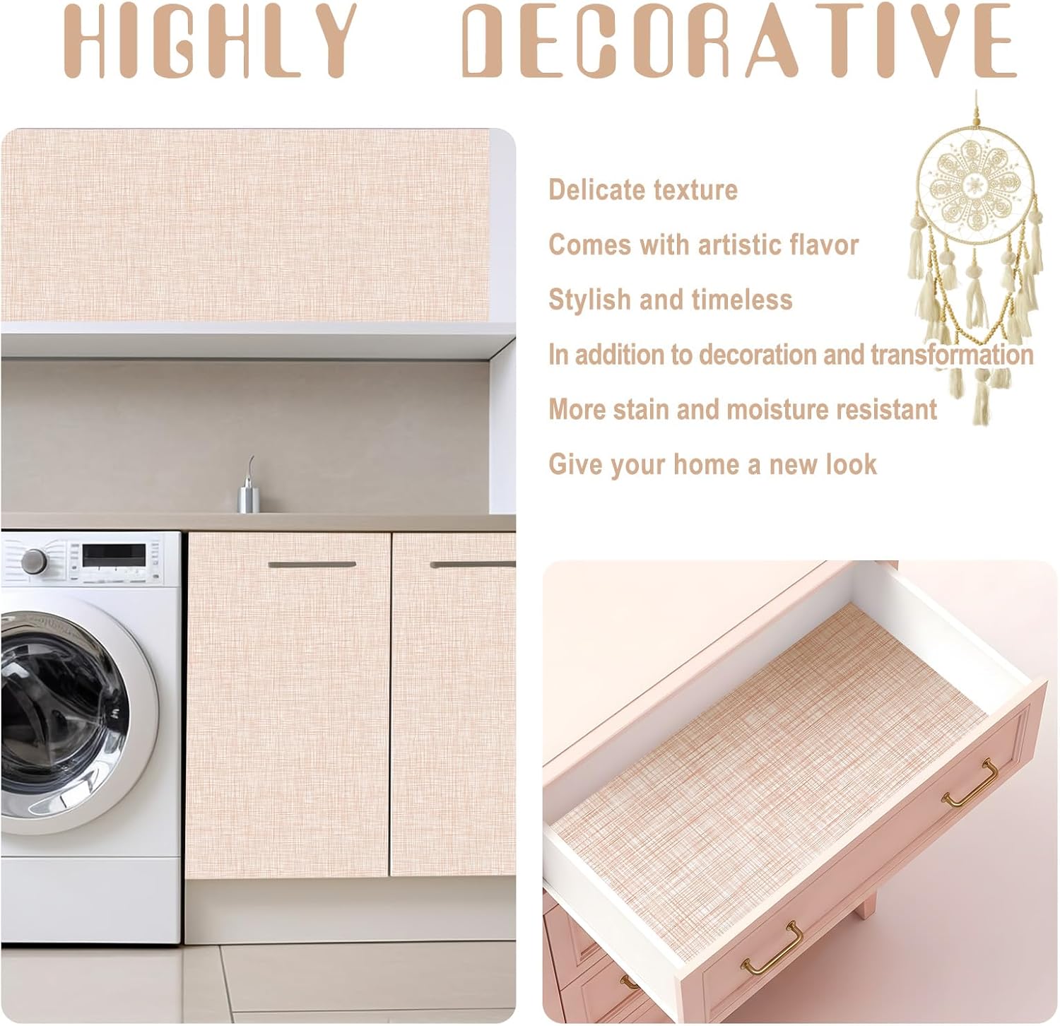 Amiya Beige Peel and Stick Wallpaper Faux Grasscloth Textured Self Adhesive Vinyl Contact Paper Fabric Linen Removable Waterproof Wall Paper for Cabinets Furniture Drawers 17.3"x120"