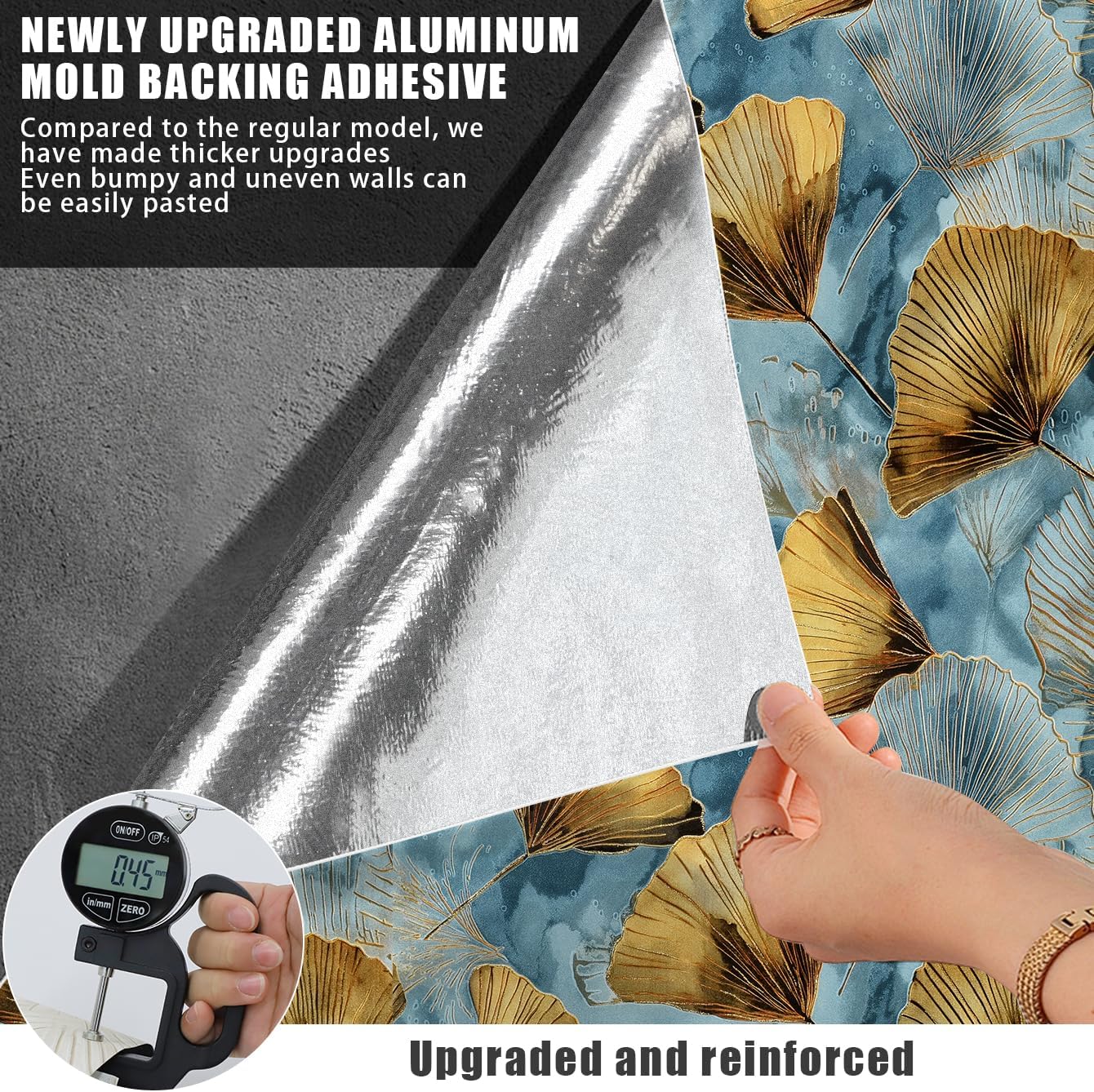 3D Embossed Ginkgo Leaf Peel and Stick Wallpaper 20.8in x 393.7in Thick Vinyl Self Adhesive Contact Paper Removable Textured Wallpaper for Bedroom Accent Wall Cabinet Vanity (Blue-Gold Shimmer)