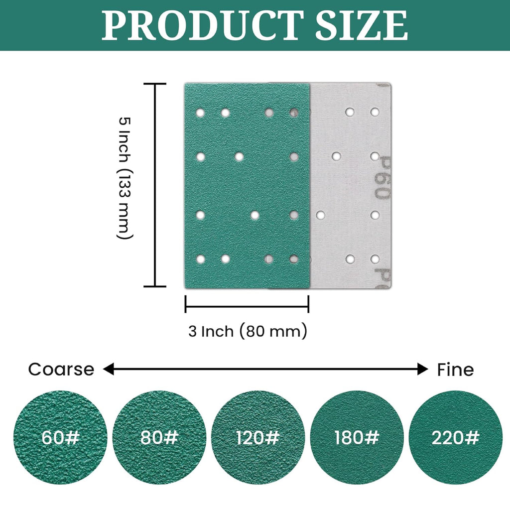 3x5 Inch Sanding Sheets, 80x133mm Film Sandpaper Compatible with Festool RTS 400 Sander, 60 to 220 Grit Hook & Loop 14-Hole Sand Paper for Car Paint, Metal, Wood and Drywall, 50 Pack