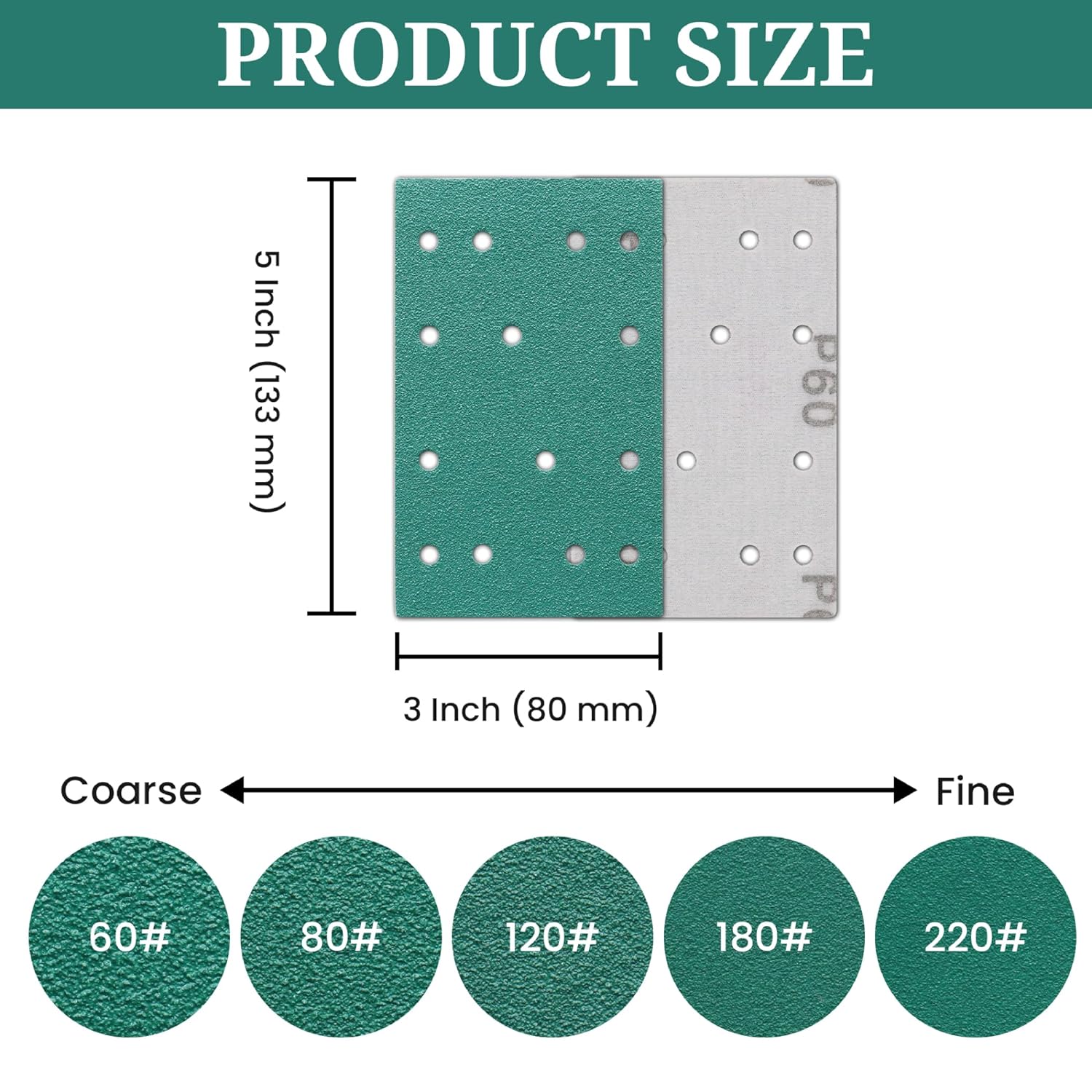 3x5 Inch Sanding Sheets, 80x133mm Film Sandpaper Compatible with Festool RTS 400 Sander, 60 to 220 Grit Hook & Loop 14-Hole Sand Paper for Car Paint, Metal, Wood and Drywall, 50 Pack