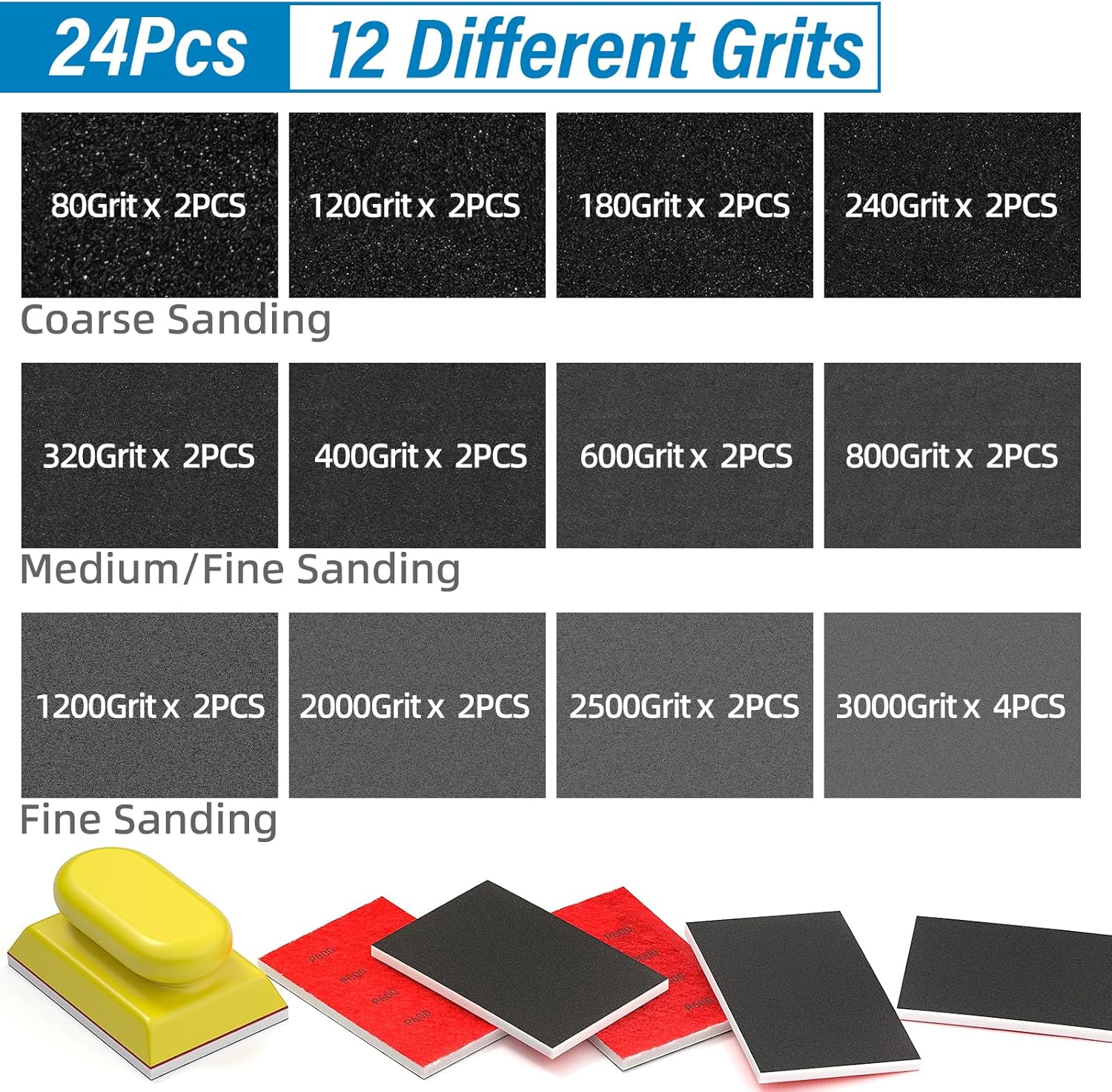 BURMONG 25PCS Sanding Sponge Set 80–3000 Grit, Reusable 3×4 Inch Wet Dry Foam Sanding Blocks for Wood, Furniture, Metal & Drywall (80-3000 Grit Set)