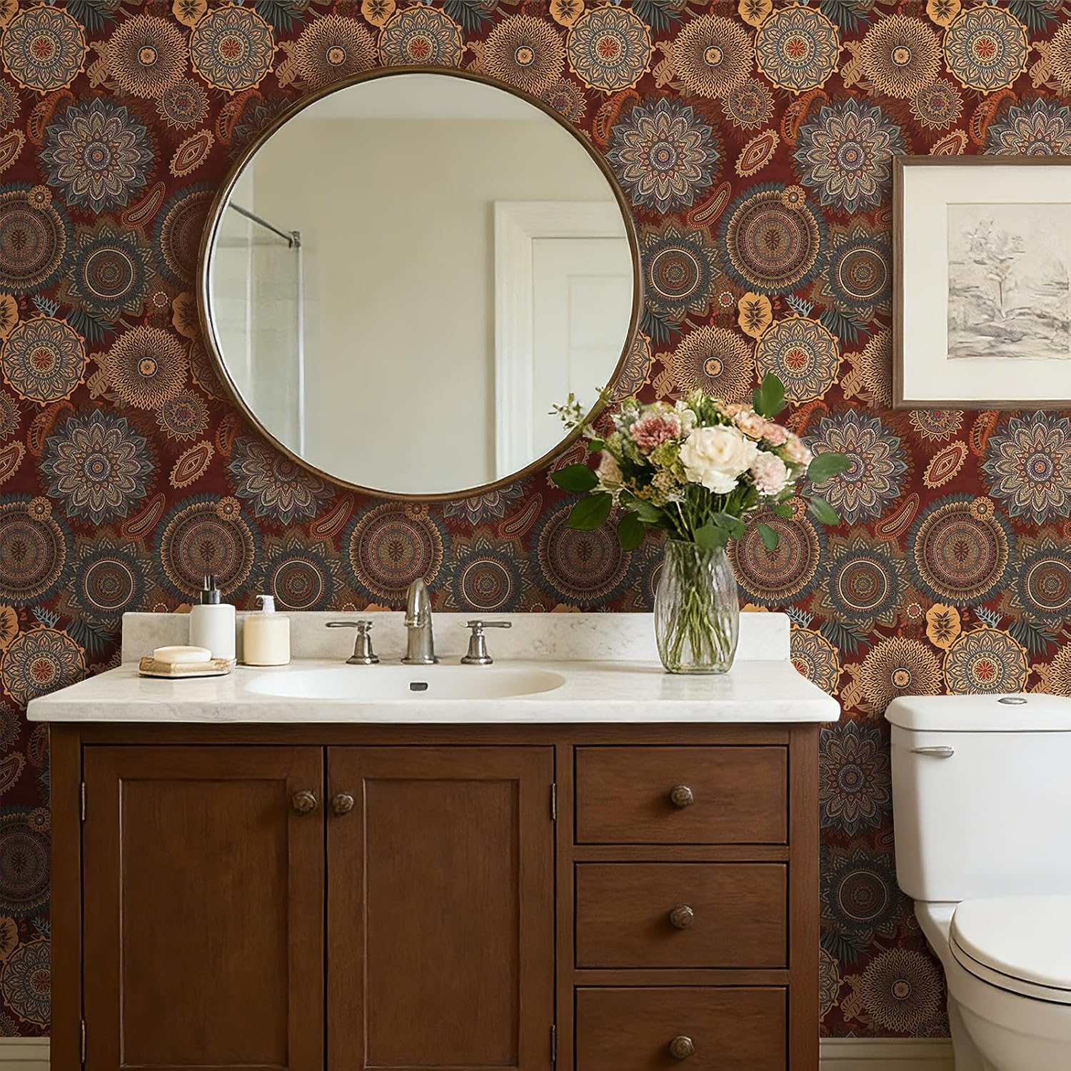 Boho Traditional Wallpaper Peel and Stick Dark Red Floral Wallpaper Boho Burgundy Gold Green Maroon Vintage Bohemian Bold Moody Floral Contact Paper Self Adhesive Vinyl Removable 17.5x80