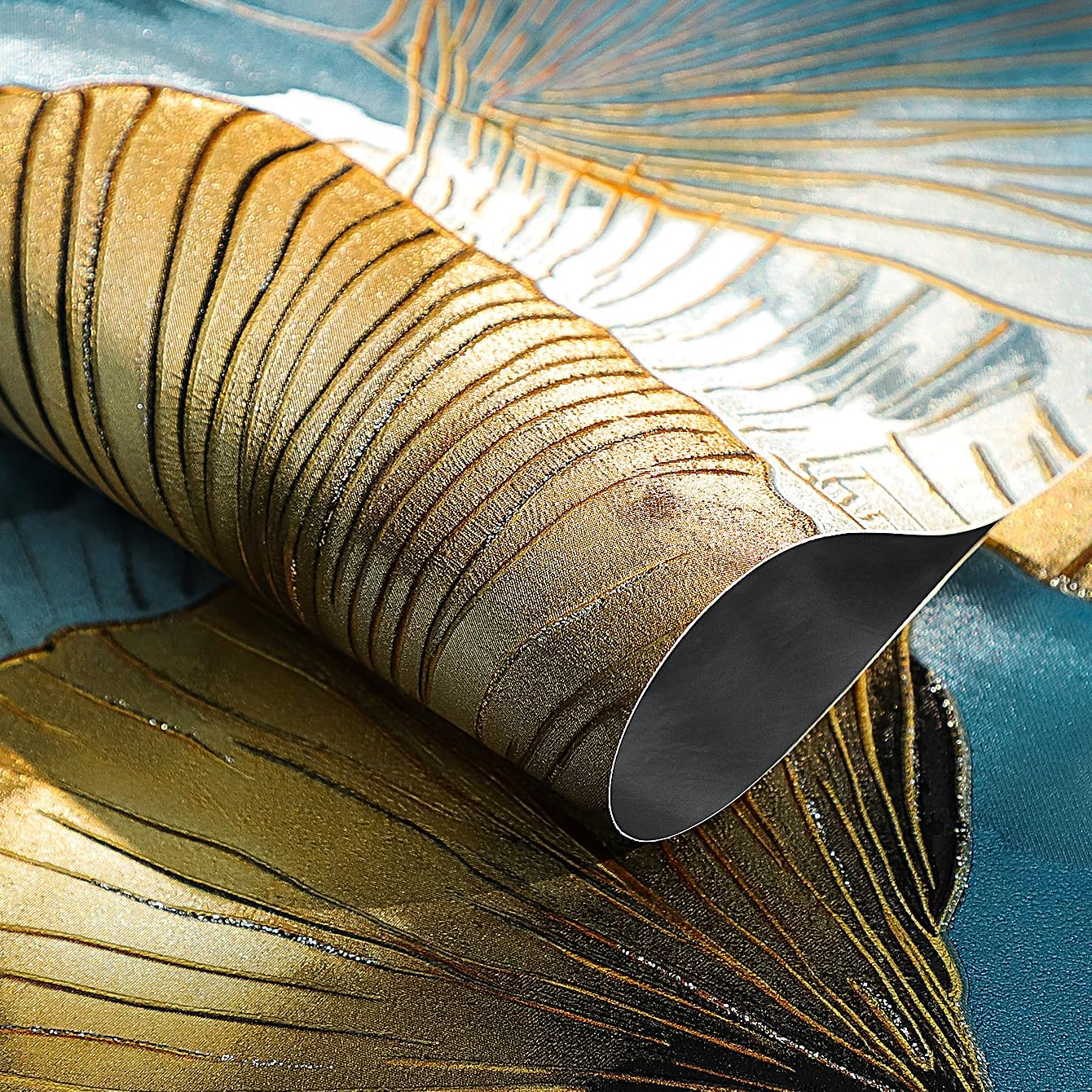 3D Embossed Ginkgo Leaf Peel and Stick Wallpaper 20.8in x 393.7in Thick Vinyl Self Adhesive Contact Paper Removable Textured Wallpaper for Bedroom Accent Wall Cabinet Vanity (Blue-Gold Shimmer)