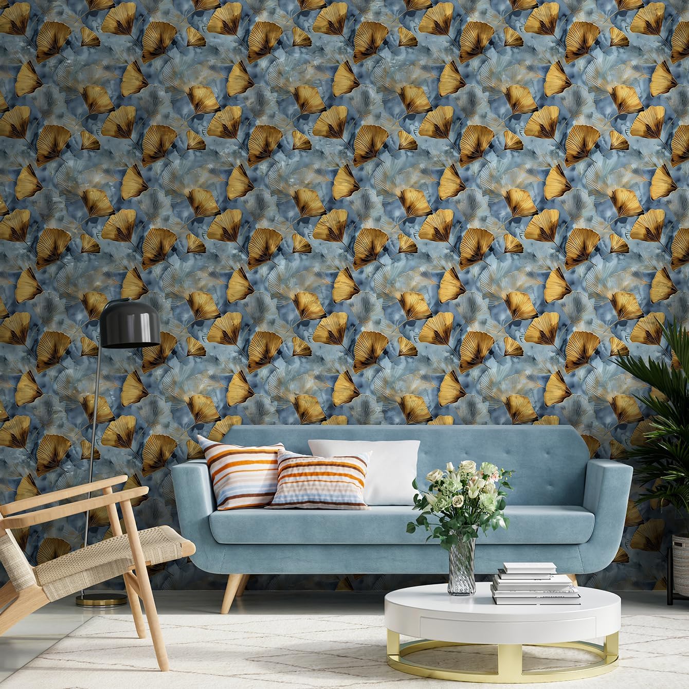 3D Embossed Ginkgo Leaf Peel and Stick Wallpaper 20.8in x 393.7in Thick Vinyl Self Adhesive Contact Paper Removable Textured Wallpaper for Bedroom Accent Wall Cabinet Vanity (Blue-Gold Shimmer)