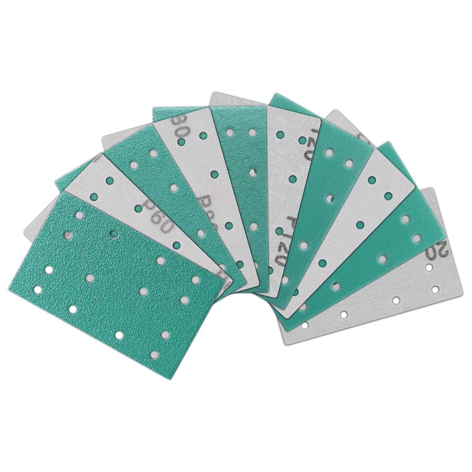 3x5 Inch Sanding Sheets, 80x133mm Film Sandpaper Compatible with Festool RTS 400 Sander, 60 to 220 Grit Hook & Loop 14-Hole Sand Paper for Car Paint, Metal, Wood and Drywall, 50 Pack