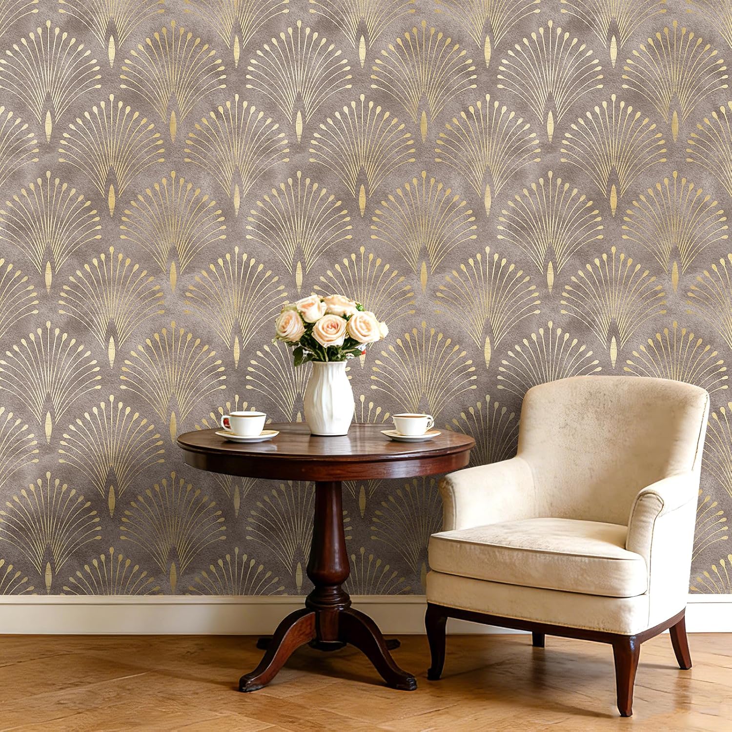 Art Deco Peel and Stick Wallpaper Peacock Feather Geometric Vintage Elegant Neutral Metallic Gold Brown Tan Accent Wallpaper Renter Friendly Modern Vintage Contact Paper for Cabinets 17.5x80 HelloWall