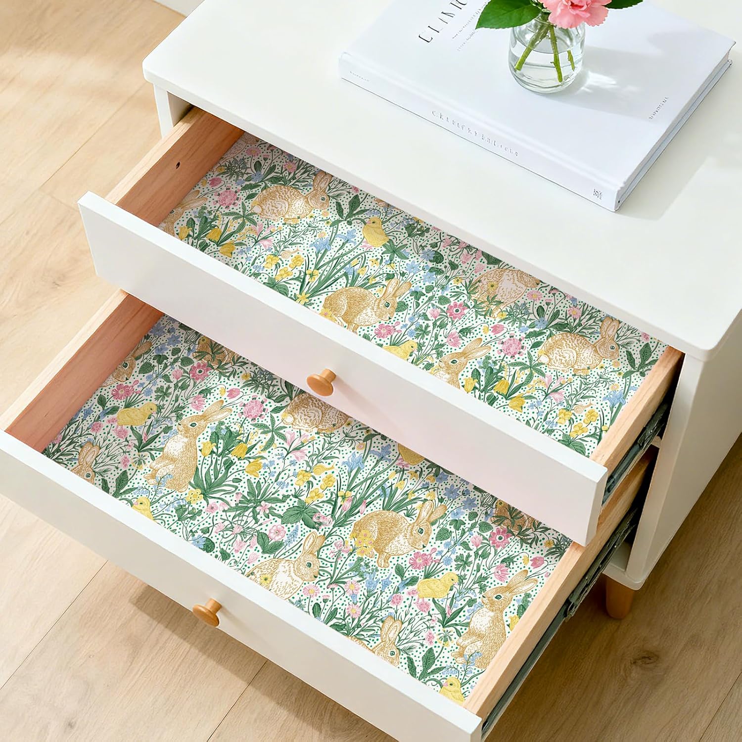 Bunny Wallpaper Peel and Stick Vintage Rabbit Toile Wallpaper Cute Contact Paper for Drawers Nursery Bright Colorful Botanical Whimsical Woodland Floral Blue Green Pink Beige Flower 17.5x80