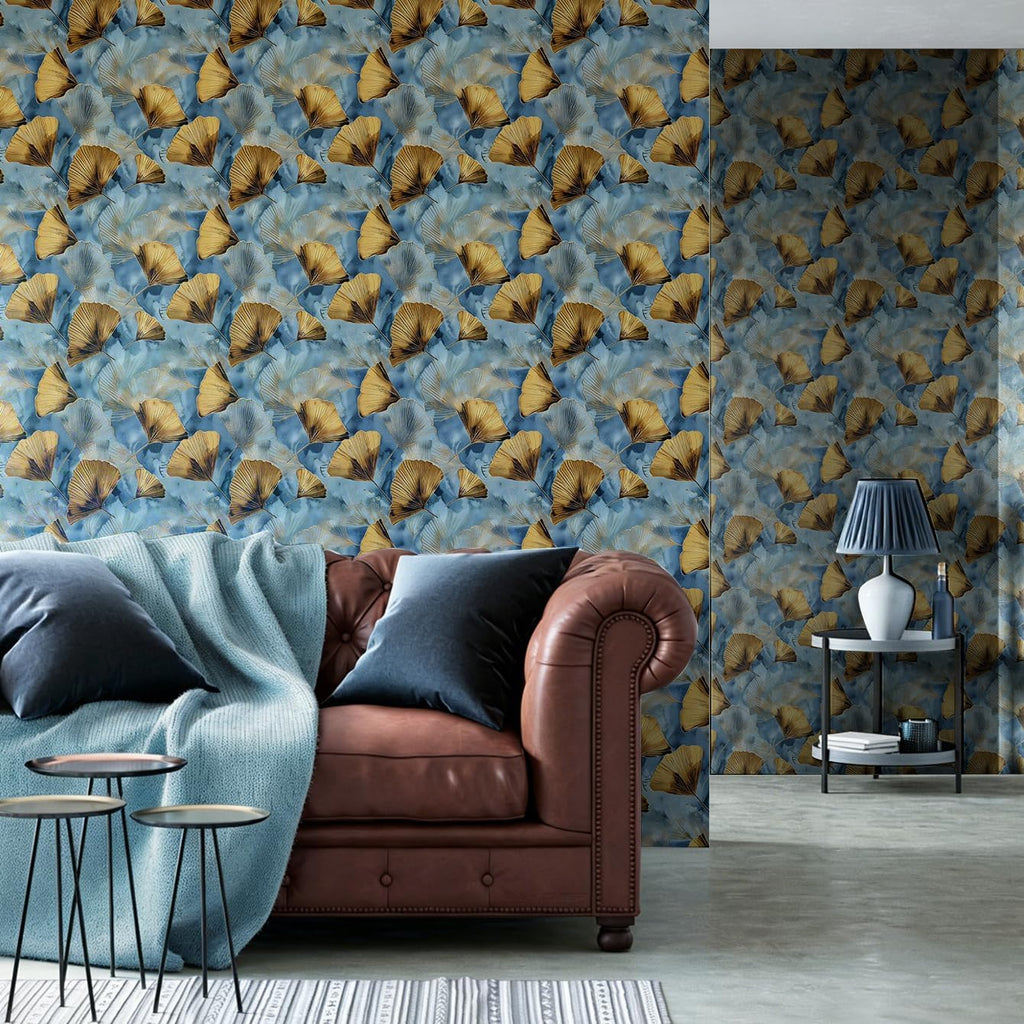 3D Embossed Ginkgo Leaf Peel and Stick Wallpaper 20.8in x 393.7in Thick Vinyl Self Adhesive Contact Paper Removable Textured Wallpaper for Bedroom Accent Wall Cabinet Vanity (Blue-Gold Shimmer)