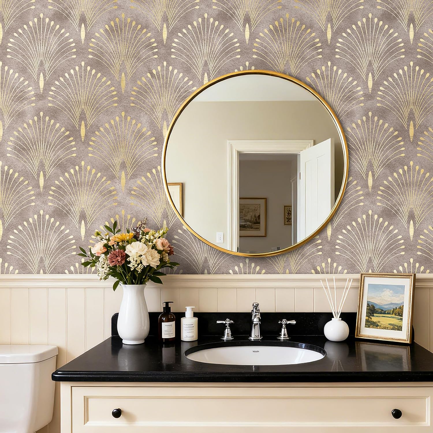 Art Deco Peel and Stick Wallpaper Peacock Feather Geometric Vintage Elegant Neutral Metallic Gold Brown Tan Accent Wallpaper Renter Friendly Modern Vintage Contact Paper for Cabinets 17.5x80 HelloWall