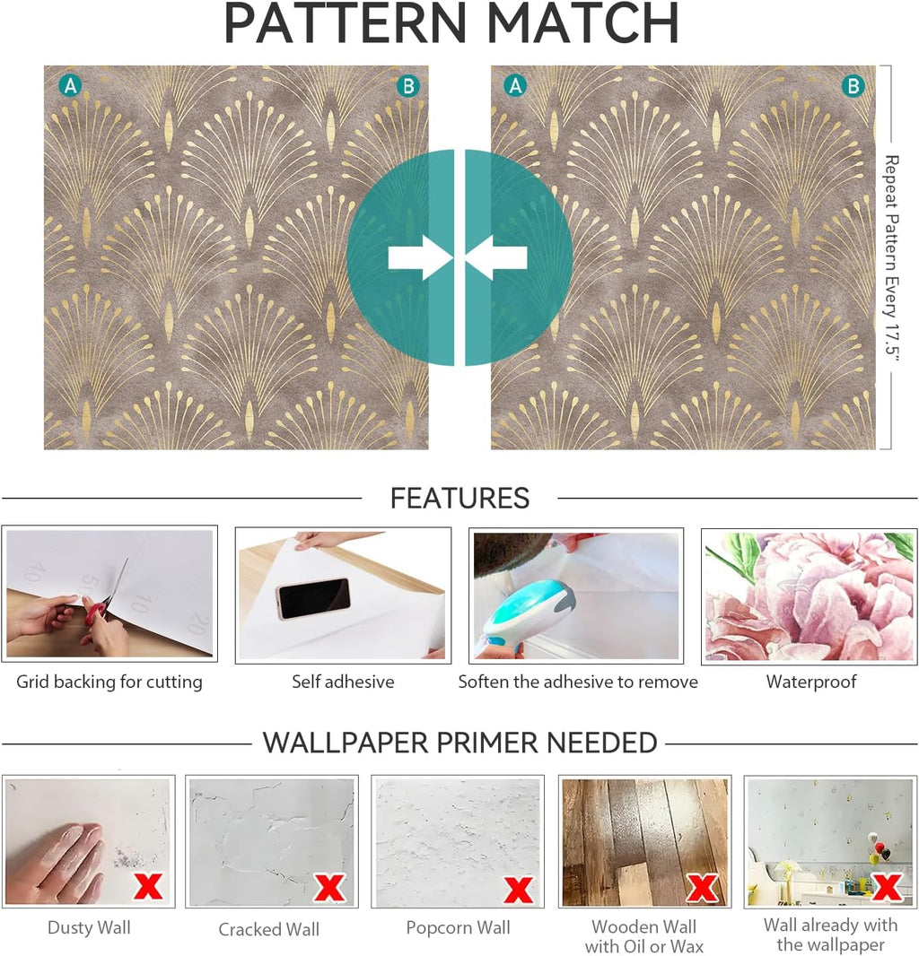 Art Deco Peel and Stick Wallpaper Peacock Feather Geometric Vintage Elegant Neutral Metallic Gold Brown Tan Accent Wallpaper Renter Friendly Modern Vintage Contact Paper for Cabinets 17.5x80 HelloWall