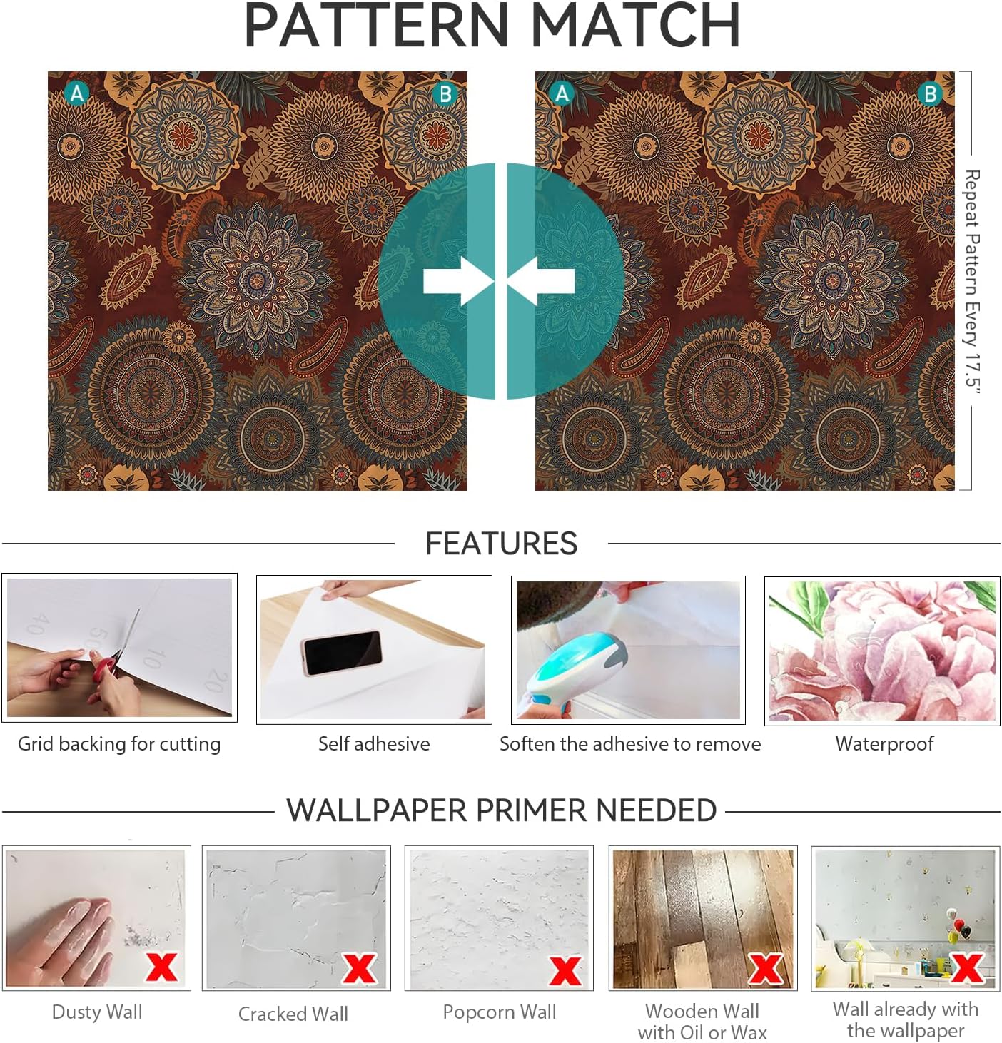 Boho Traditional Wallpaper Peel and Stick Dark Red Floral Wallpaper Boho Burgundy Gold Green Maroon Vintage Bohemian Bold Moody Floral Contact Paper Self Adhesive Vinyl Removable 17.5x80