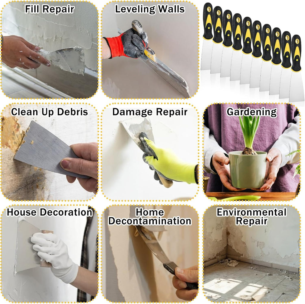 10 PCS 2 Inch Putty Knife Stainless Steel Spackle Knives Paint Scraper No Rusting Flexible Metal Scraper Tools for Repairing Drywall Applying Putty Removing Wallpaper Mud Plaster Scraping