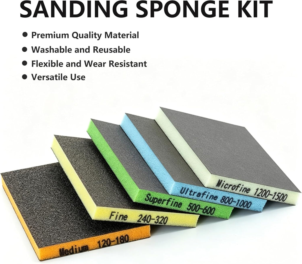 IRISFLY 10 Pack Sanding Sponge, Washable and Reusable Sanding Blocks,Wet Dry Sand Paper Assortment Pack for Wood Drywall Metal Furniture (120-180#,240-320#,500-600#,800-1000#,1200-1500#)