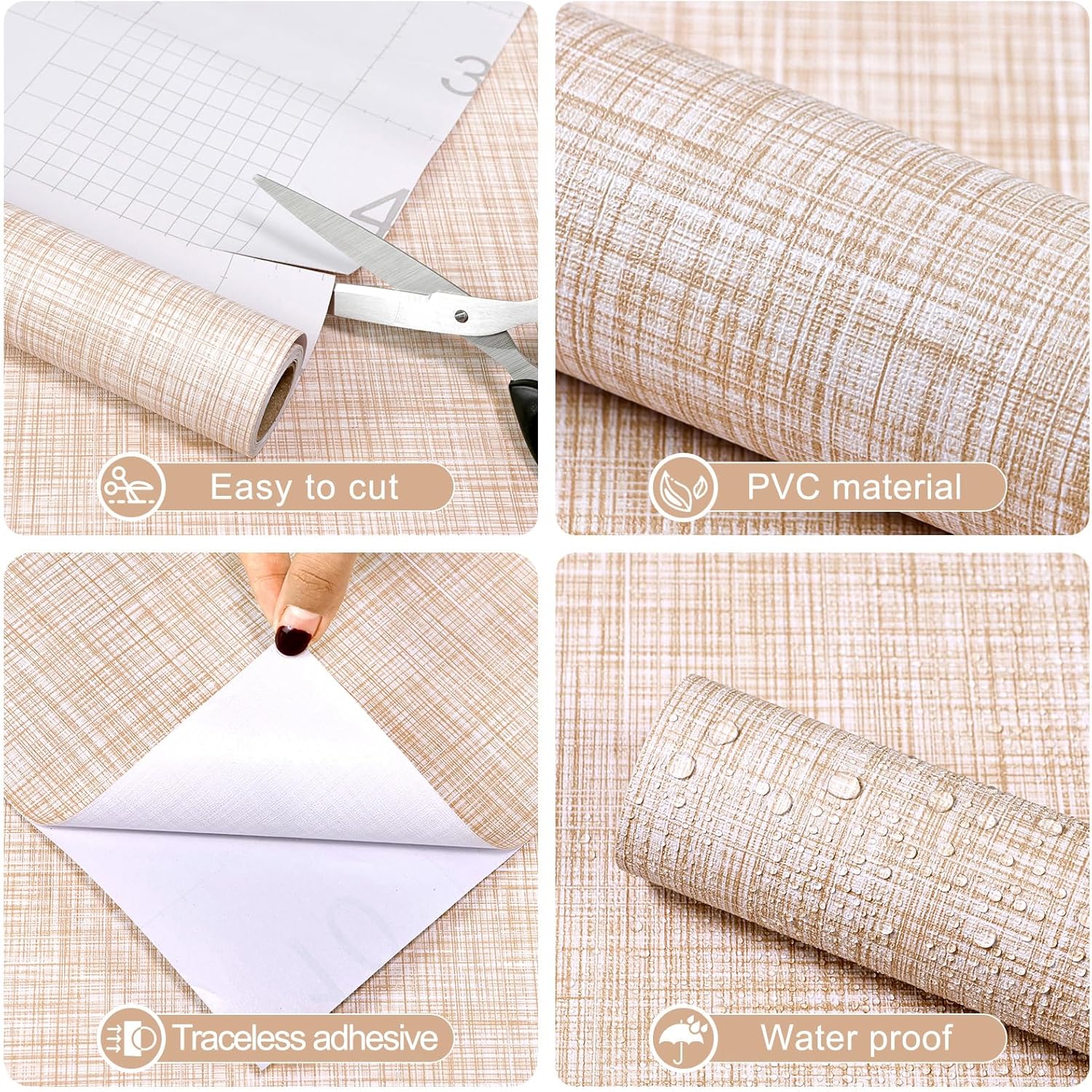 Amiya Beige Peel and Stick Wallpaper Faux Grasscloth Textured Self Adhesive Vinyl Contact Paper Fabric Linen Removable Waterproof Wall Paper for Cabinets Furniture Drawers 17.3"x120"