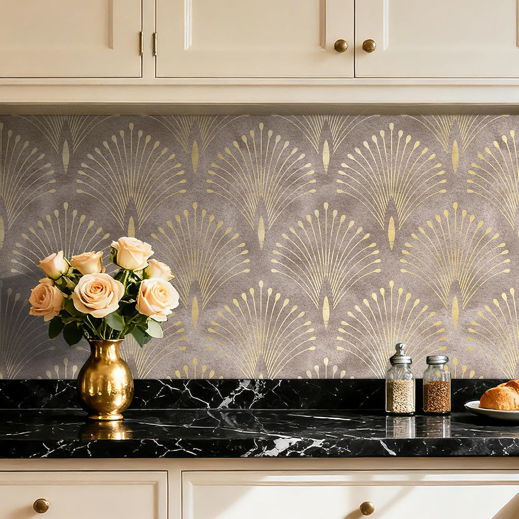 Art Deco Peel and Stick Wallpaper Peacock Feather Geometric Vintage Elegant Neutral Metallic Gold Brown Tan Accent Wallpaper Renter Friendly Modern Vintage Contact Paper for Cabinets 17.5x80 HelloWall