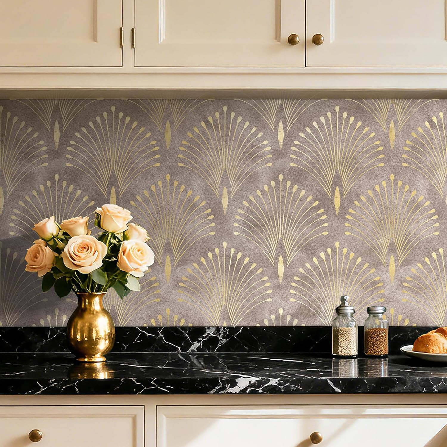 Art Deco Peel and Stick Wallpaper Peacock Feather Geometric Vintage Elegant Neutral Metallic Gold Brown Tan Accent Wallpaper Renter Friendly Modern Vintage Contact Paper for Cabinets 17.5x80 HelloWall
