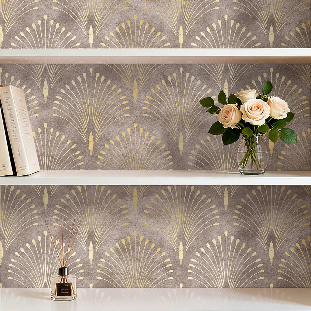 Art Deco Peel and Stick Wallpaper Peacock Feather Geometric Vintage Elegant Neutral Metallic Gold Brown Tan Accent Wallpaper Renter Friendly Modern Vintage Contact Paper for Cabinets 17.5x80 HelloWall