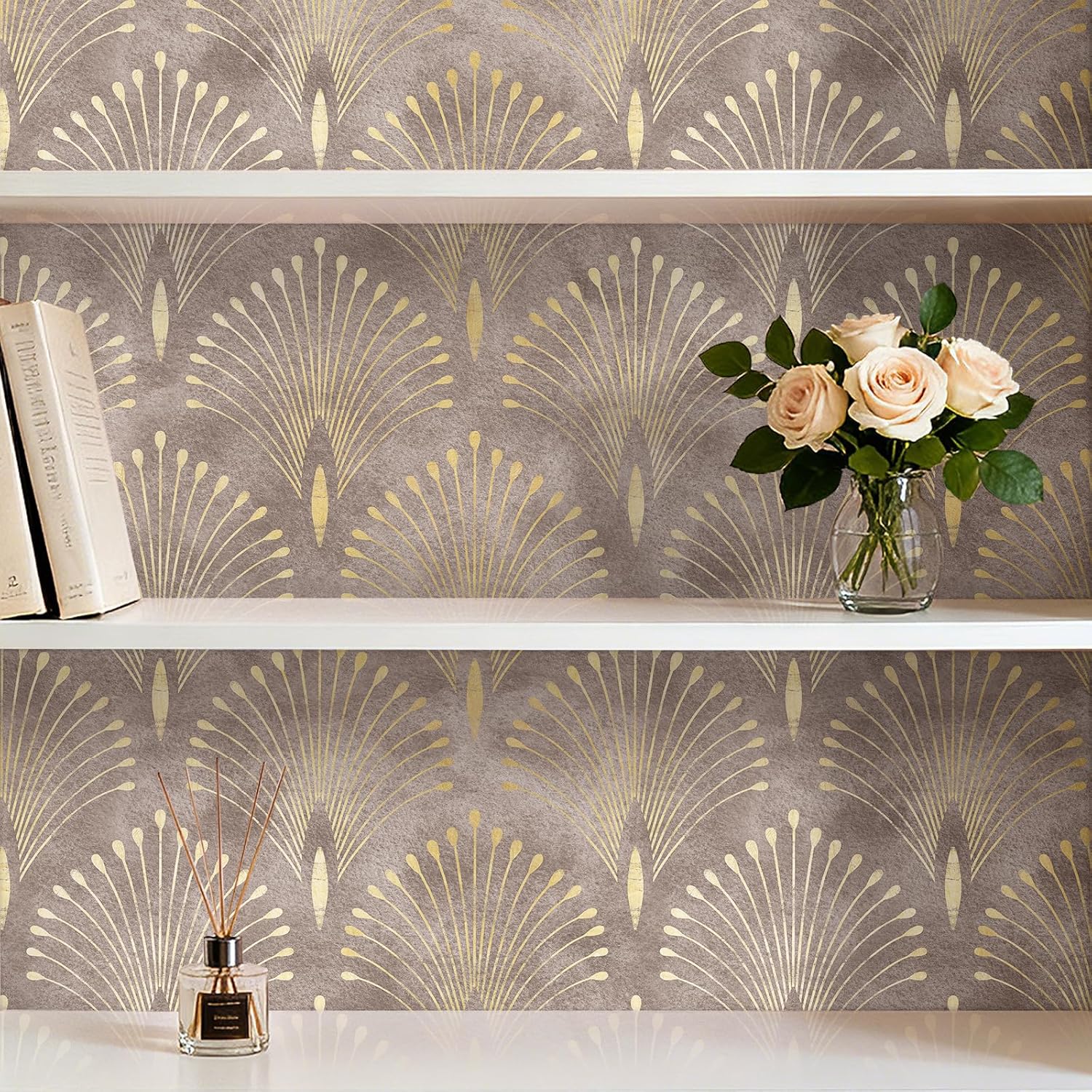 Art Deco Peel and Stick Wallpaper Peacock Feather Geometric Vintage Elegant Neutral Metallic Gold Brown Tan Accent Wallpaper Renter Friendly Modern Vintage Contact Paper for Cabinets 17.5x80 HelloWall