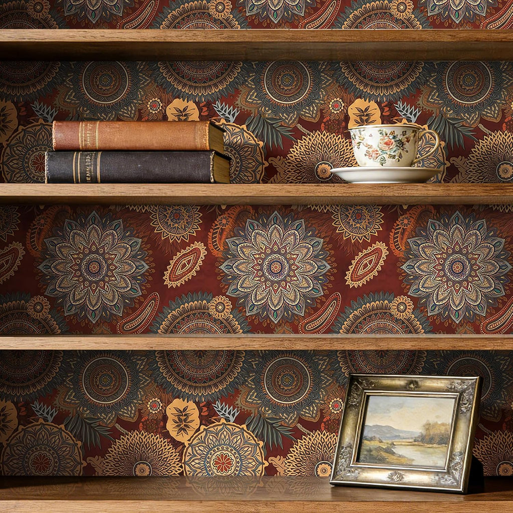 Boho Traditional Wallpaper Peel and Stick Dark Red Floral Wallpaper Boho Burgundy Gold Green Maroon Vintage Bohemian Bold Moody Floral Contact Paper Self Adhesive Vinyl Removable 17.5x80