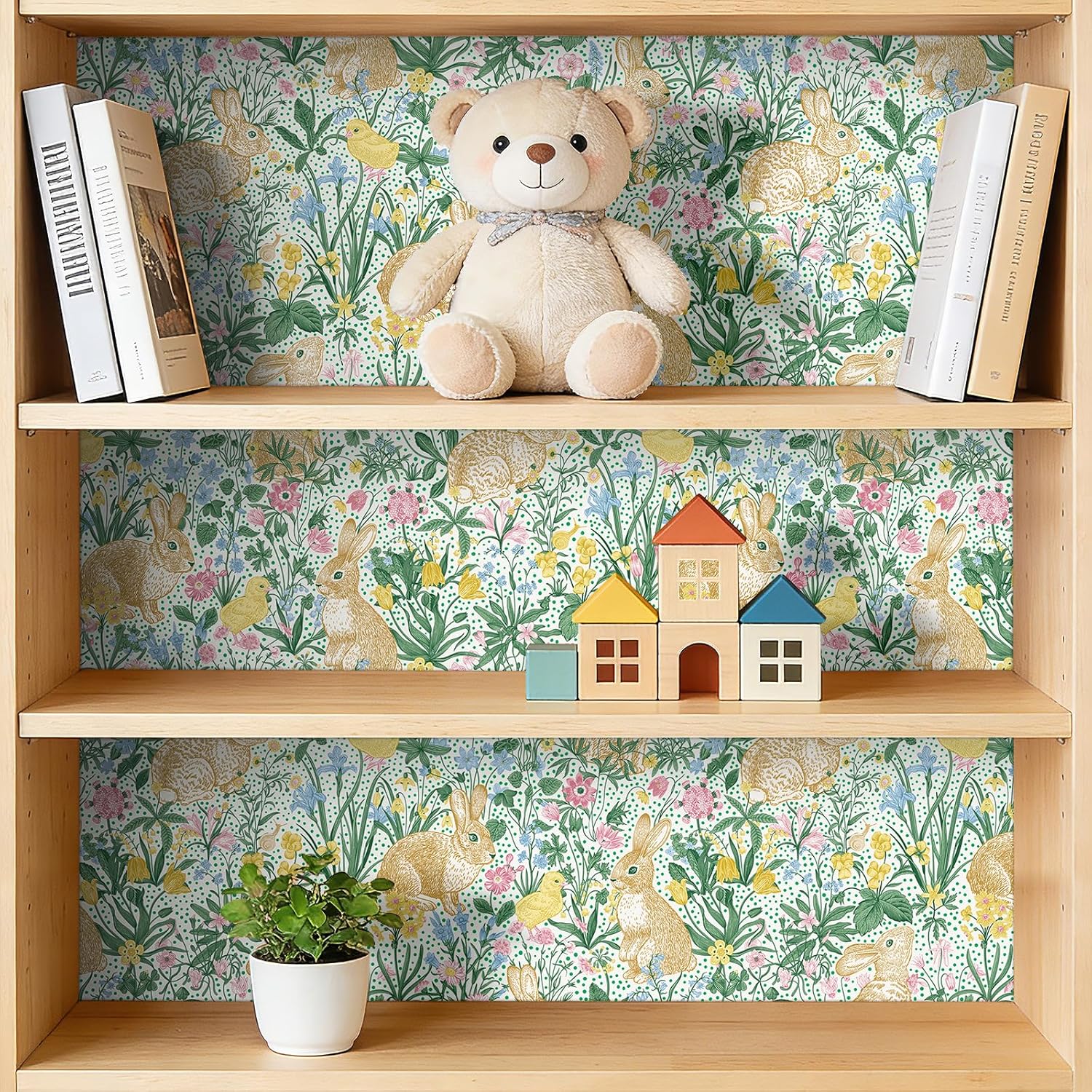 Bunny Wallpaper Peel and Stick Vintage Rabbit Toile Wallpaper Cute Contact Paper for Drawers Nursery Bright Colorful Botanical Whimsical Woodland Floral Blue Green Pink Beige Flower 17.5x80
