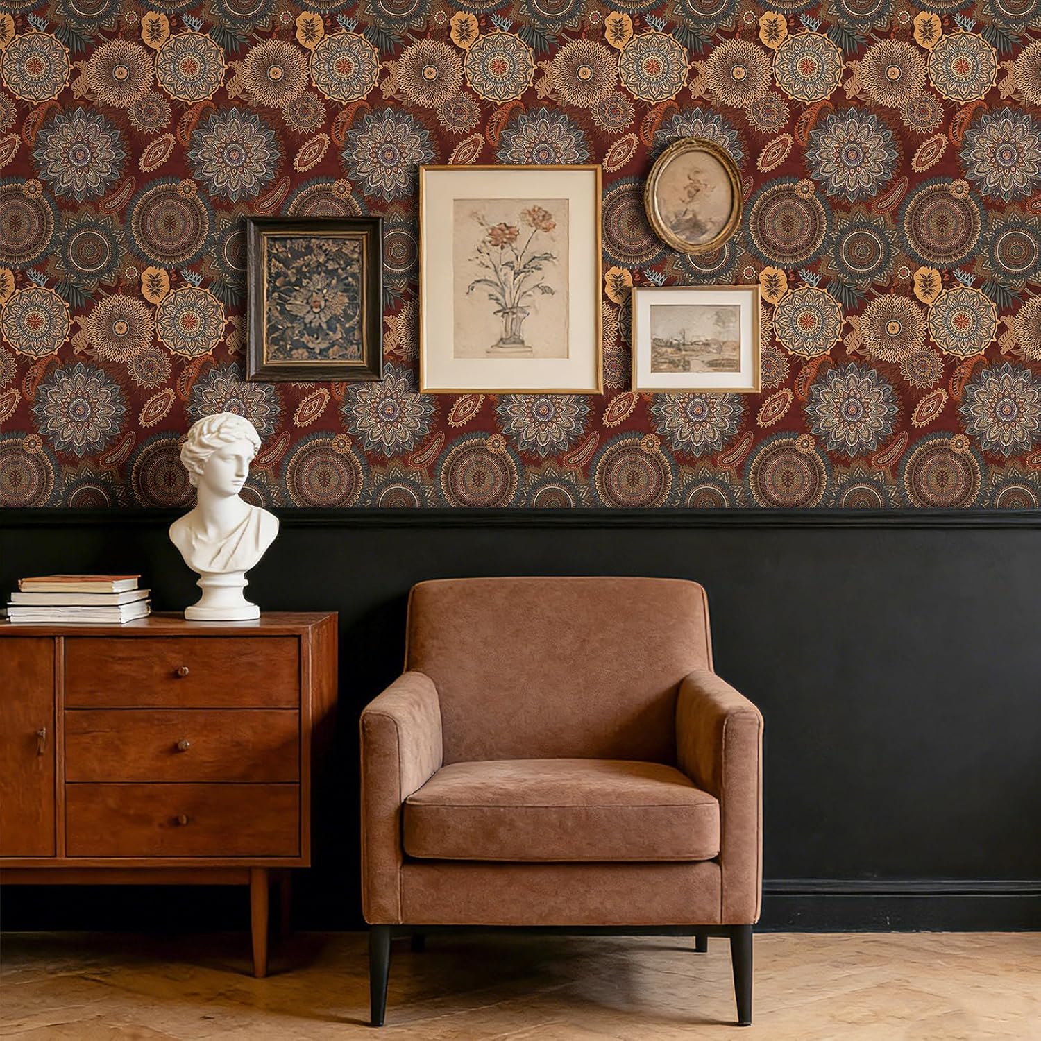 Boho Traditional Wallpaper Peel and Stick Dark Red Floral Wallpaper Boho Burgundy Gold Green Maroon Vintage Bohemian Bold Moody Floral Contact Paper Self Adhesive Vinyl Removable 17.5x80