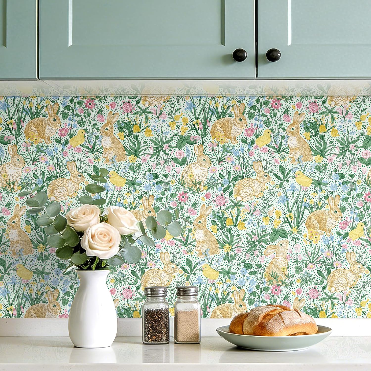 Bunny Wallpaper Peel and Stick Vintage Rabbit Toile Wallpaper Cute Contact Paper for Drawers Nursery Bright Colorful Botanical Whimsical Woodland Floral Blue Green Pink Beige Flower 17.5x80