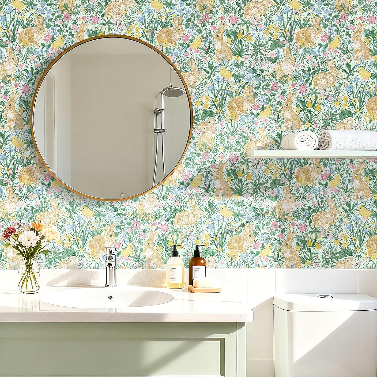 Bunny Wallpaper Peel and Stick Vintage Rabbit Toile Wallpaper Cute Contact Paper for Drawers Nursery Bright Colorful Botanical Whimsical Woodland Floral Blue Green Pink Beige Flower 17.5x80