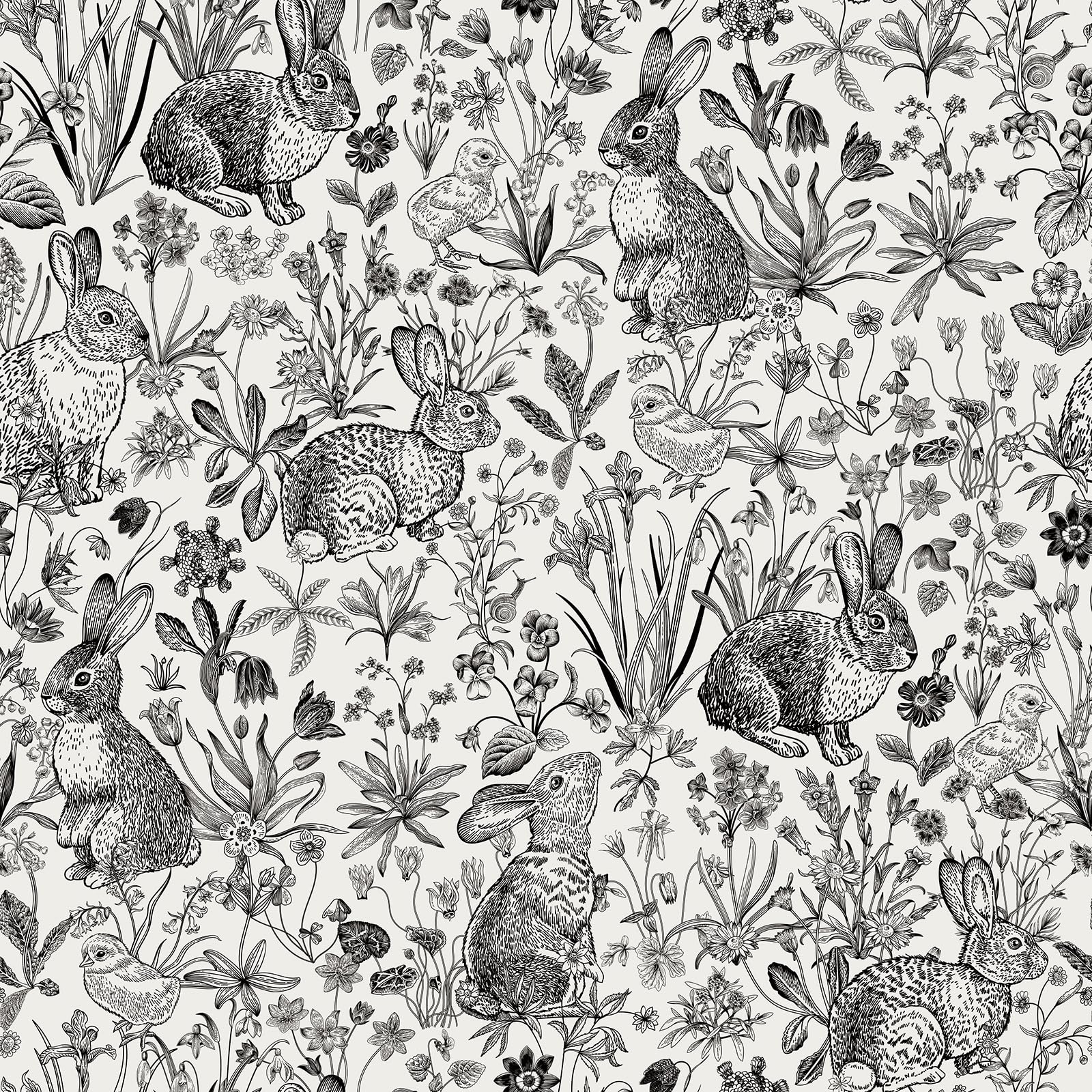 Bunny Wallpaper Peel and Stick Vintage Rabbit Toile Wallpaper Cute Contact Paper for Drawers Nursery Bright Colorful Botanical Whimsical Woodland Floral Blue Green Pink Beige Flower 17.5x80