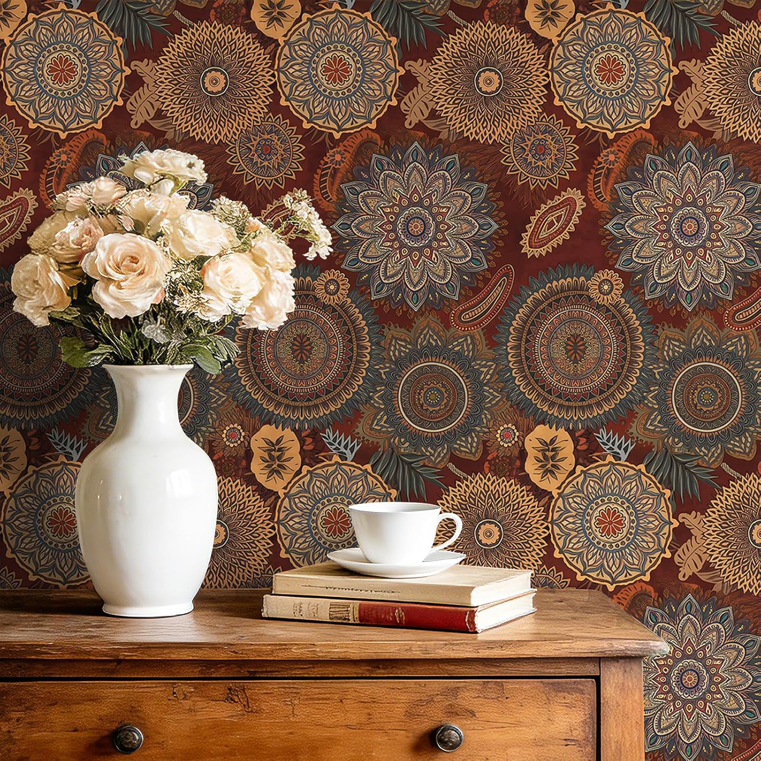 Boho Traditional Wallpaper Peel and Stick Dark Red Floral Wallpaper Boho Burgundy Gold Green Maroon Vintage Bohemian Bold Moody Floral Contact Paper Self Adhesive Vinyl Removable 17.5x80